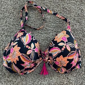Shade & Shore Swim Top 38 DD Floral Print‎ Halter Bikini Padded Tassels Black
